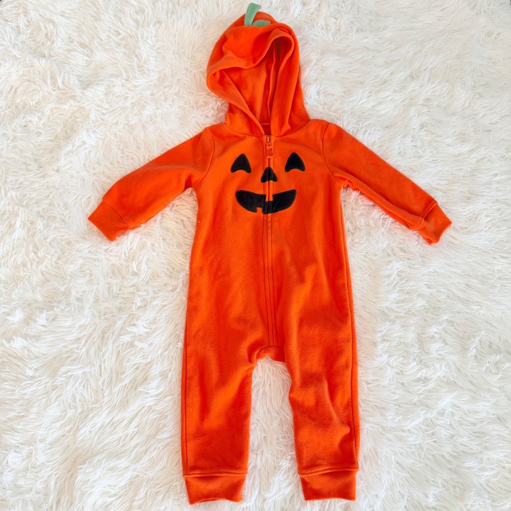Carter's Baby 9M Pumpkin Fleece Jumpsuit Halloween Costume Orange Hooded Romper